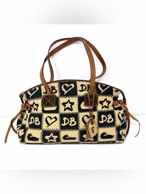 VTG Dooney & Bourke Patchwork Satchel W/ Leather Trim Duck DB Heart Tan Black
